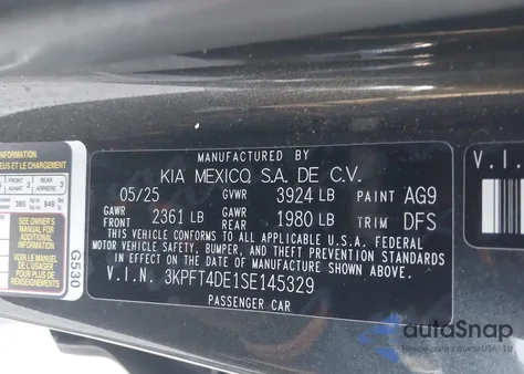 2025 Kia K4 Lx from USA, damaged, VIN 3KPFT4DE1SE145329